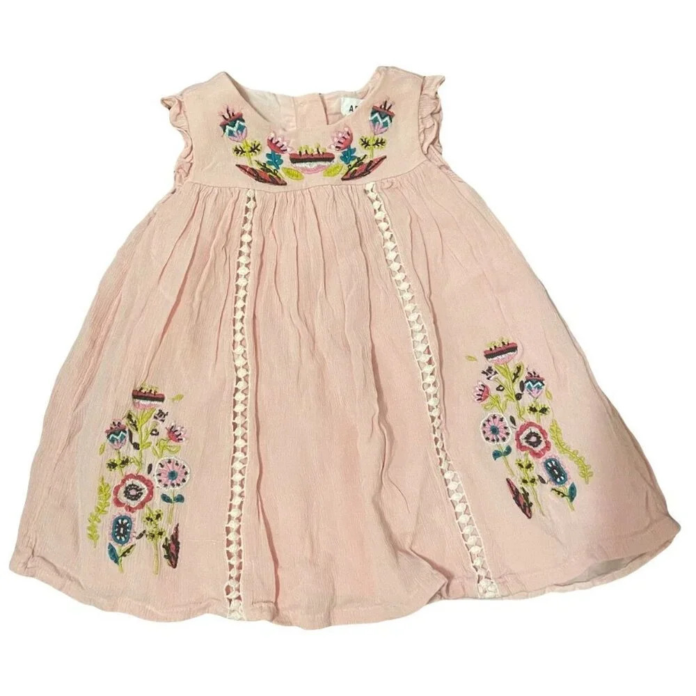 12 Months Pink Artisan NY Embroidered Floral Pink Dress, Lined, Sleeveless